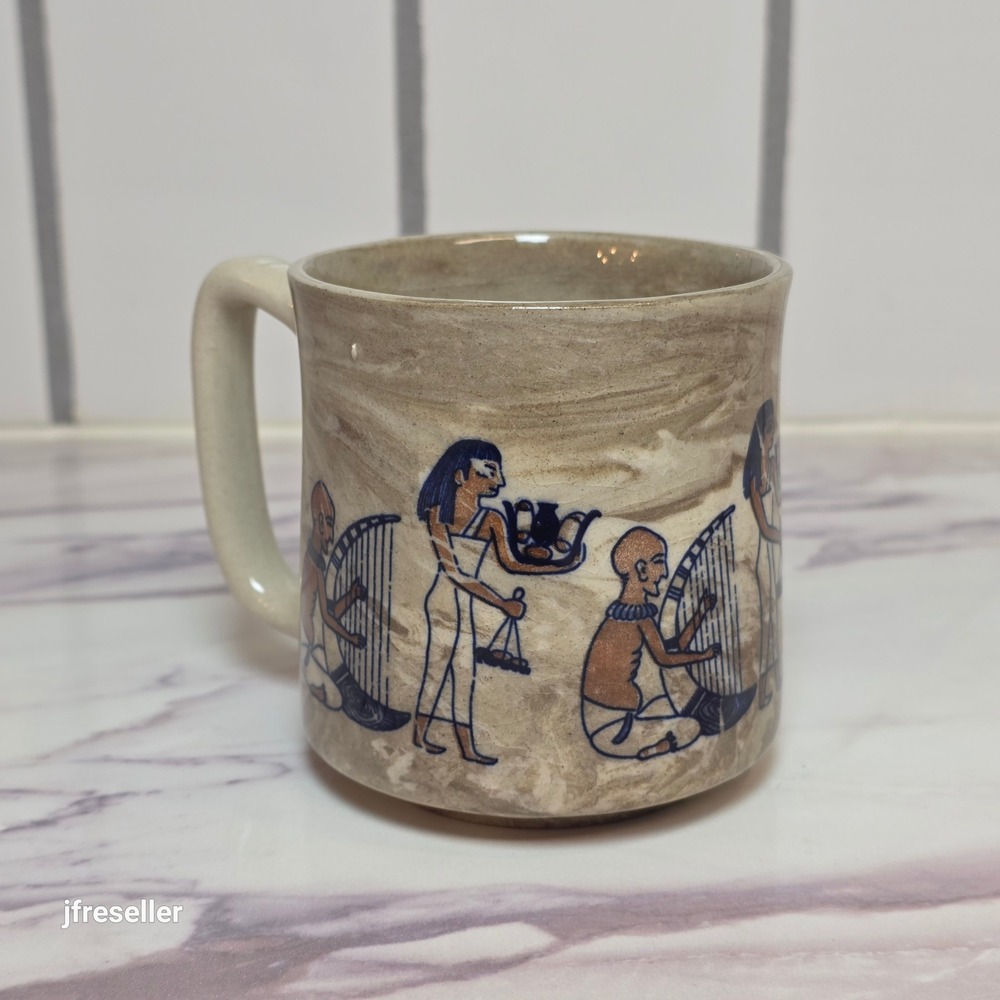 VTG Egyptian Revival Theme Ceramic Coffee Mug Marbled Glaze Harp Cattle Art